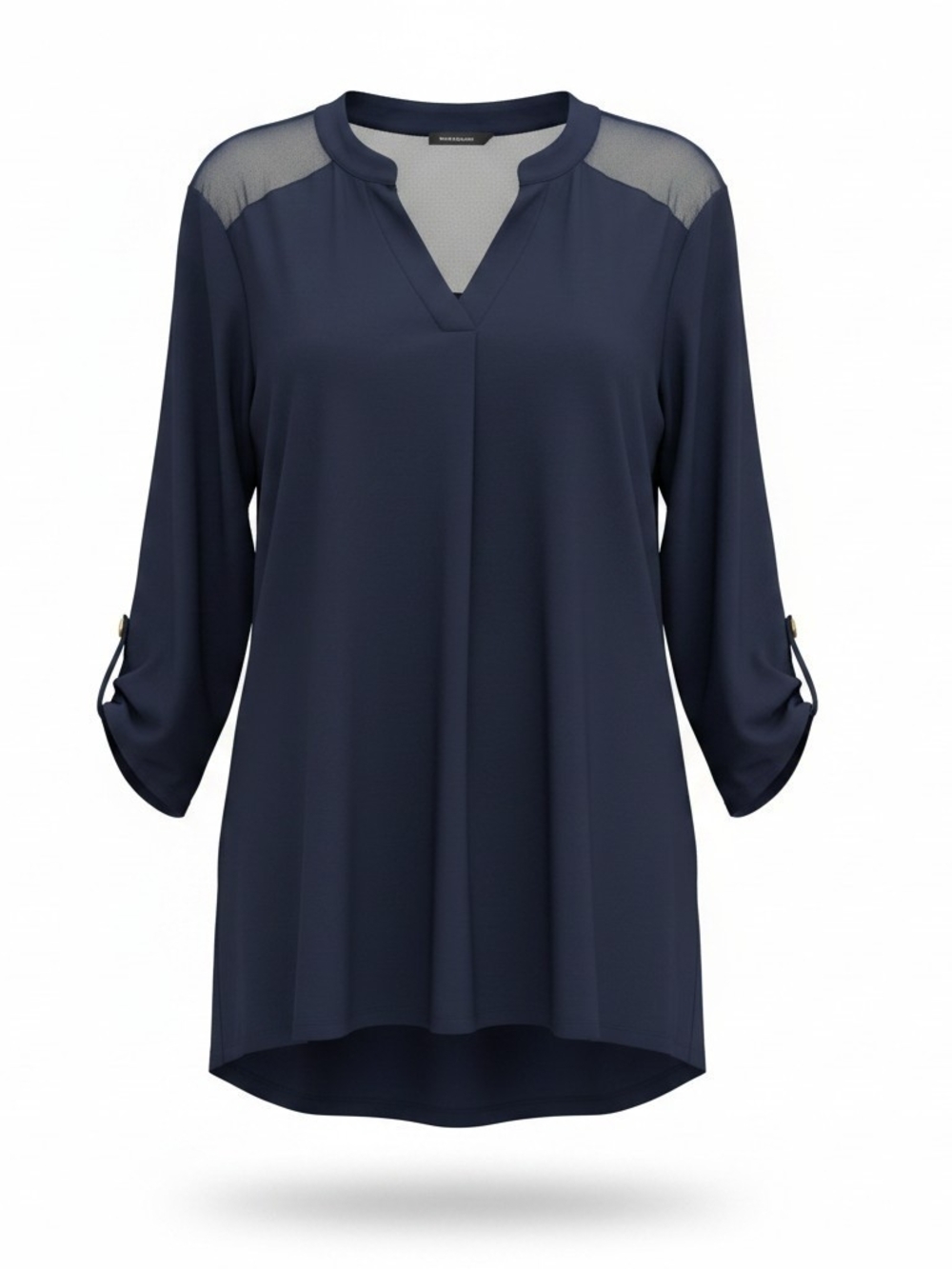 Sheer-Shoulder Navy Split-Neck Blouse